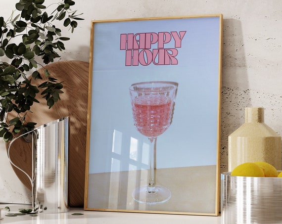 Happy Hour Drinks Wall Art Printaesthetic Girly Bar Cart Artpreppy Posterstrendy Wall Artcocktails Artretro Bar Cart Artretro Wall Art