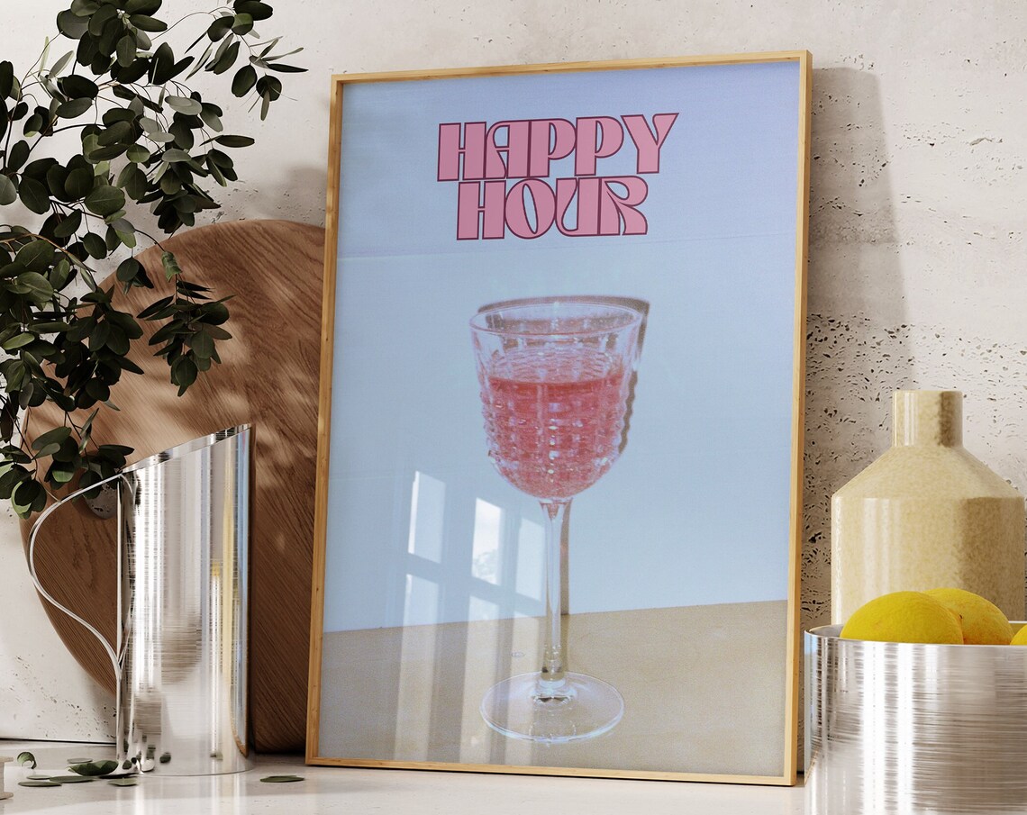 Happy Hour Drinks Wall Art Printaesthetic Girly Bar Cart Artpreppy Posterstrendy Wall Artcocktails Artretro Bar Cart Artretro Wall Art