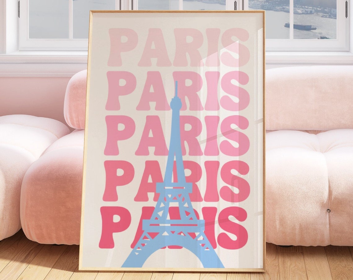 Paris Retro Pink Typography Poster Blue Eiffel Tower Trendy Decor