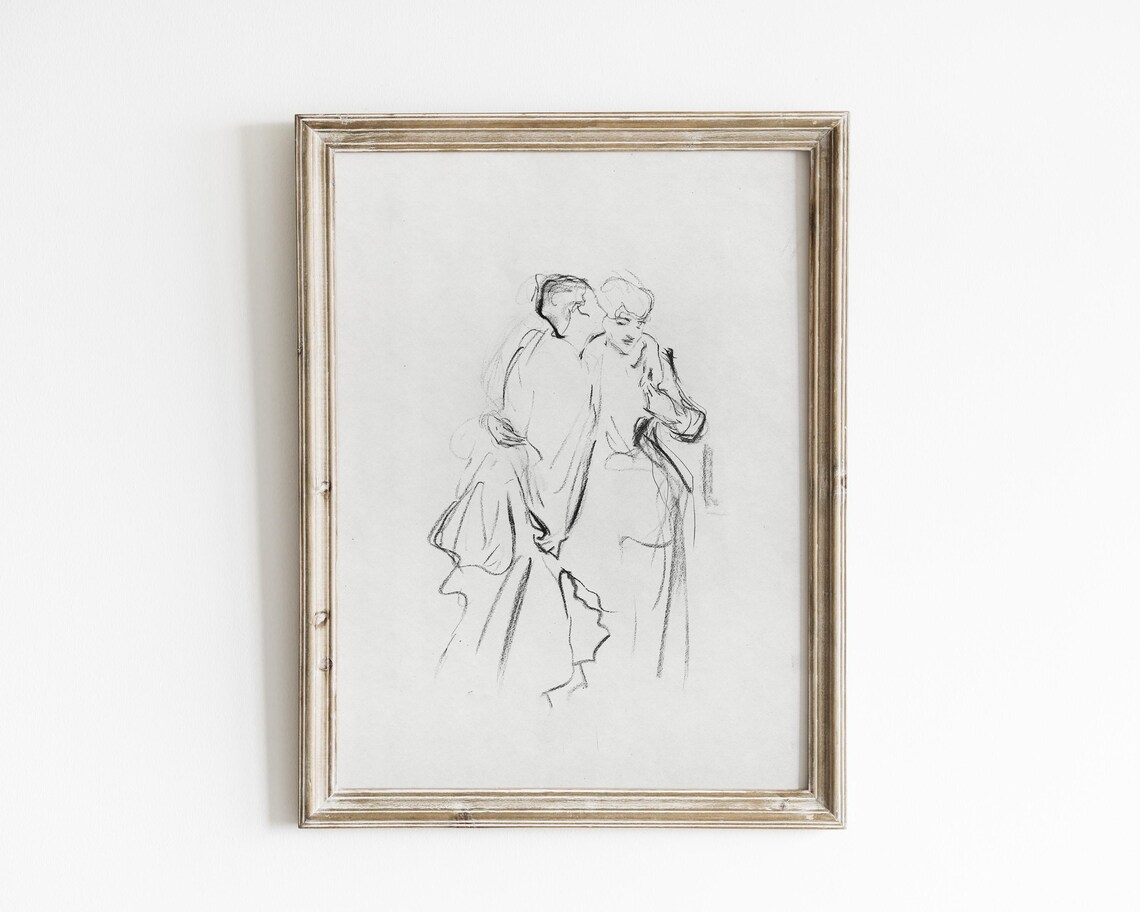 Romantic Line Sketch of a Couple in an Embrace Vintage Drawing Poster