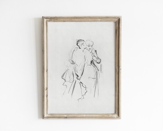 Romantic Line Sketch of a Couple in an Embrace Vintage Drawing Poster