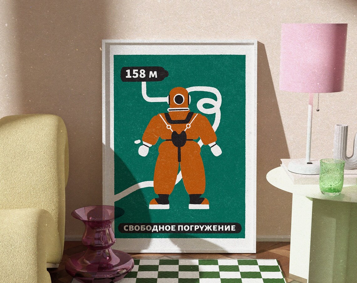 Russian Deep Sea Diver Vintage Matchbox Style Poster Green 158M Art - Image 2