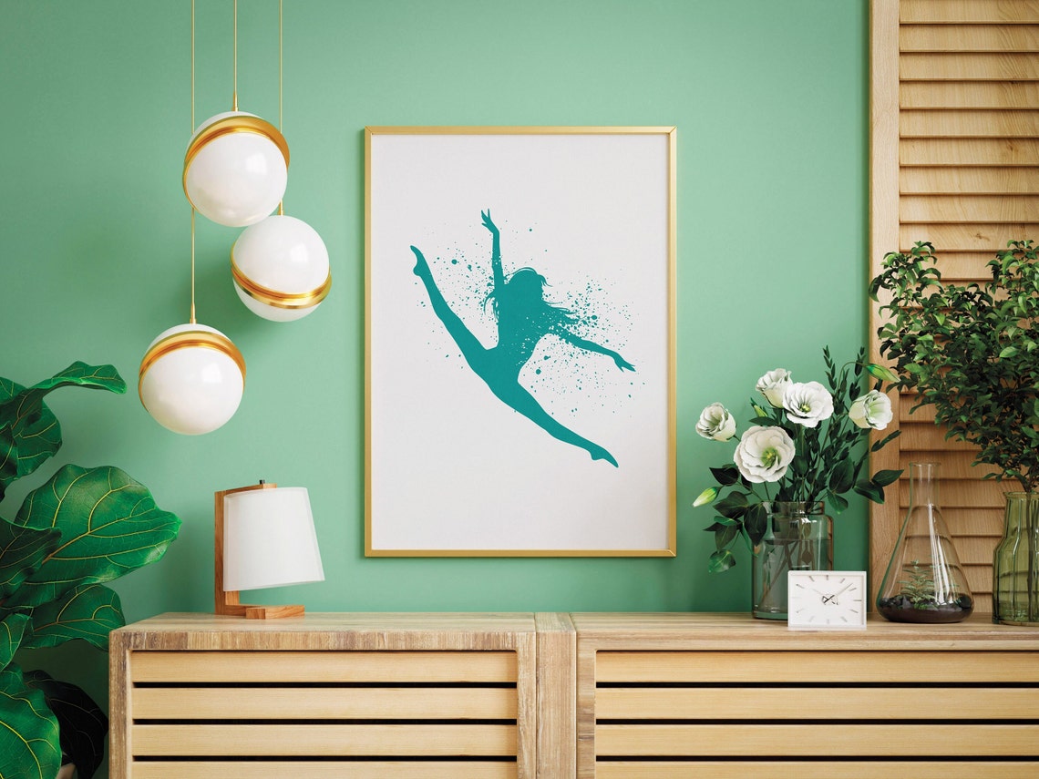 Teal Watercolor Dancer Mid-Leap Silhouette Inspirational Poster - Image 2