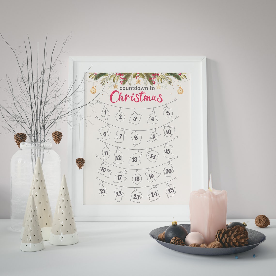 Countdown to Christmas Botanical Garland Pink Holiday Poster - Image 3