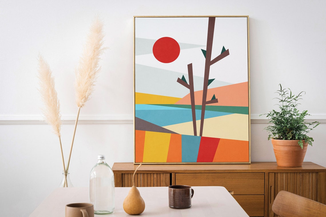 Geometric Red Sun Tree Minimalist Landscape Abstract Wall Art - Image 3