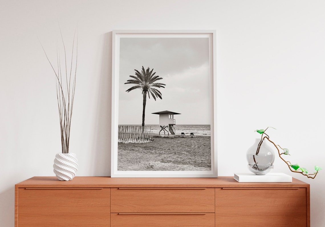 Black And White Beach Photography Lifeguard Tower Palm Tree Wall Art - Image 2