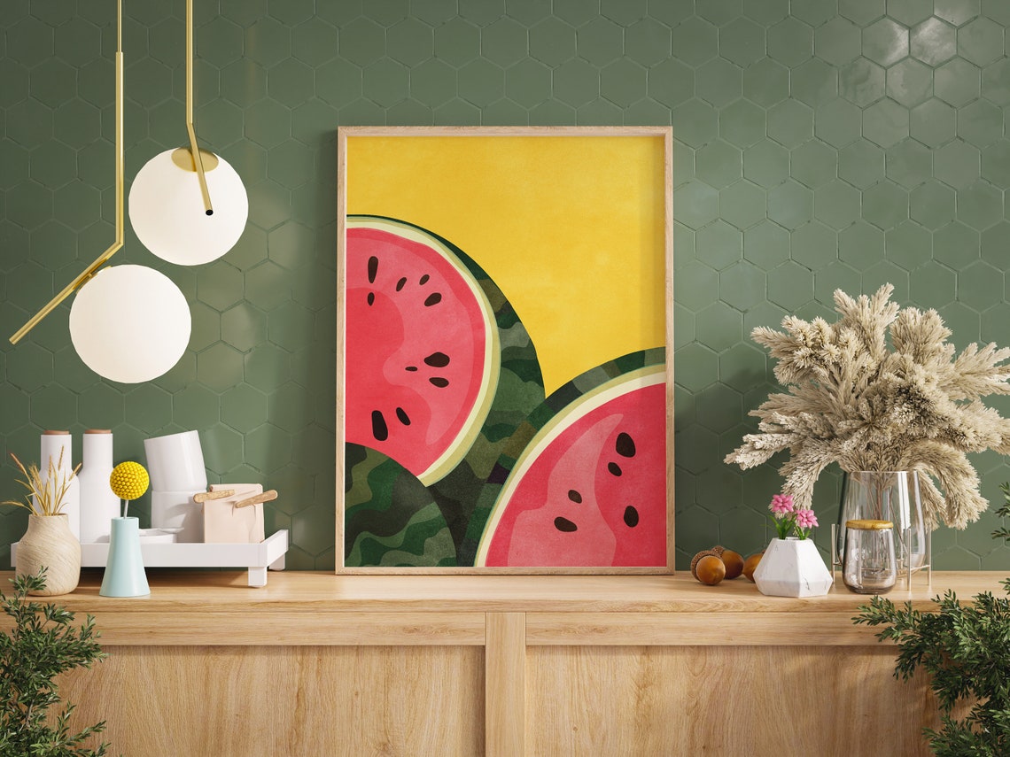 Bold Watermelon Slices On Golden Yellow Maximalist Kitchen Poster