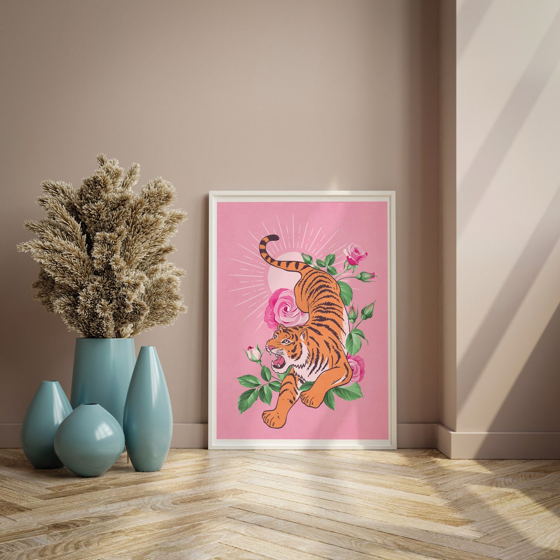 Pink Background Tiger in Roses Bold Floral Preppy Animal Wall Art - Image 2