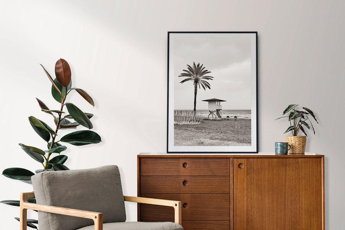 Black And White Beach Photography Lifeguard Tower Palm Tree Wall Art - Image 3