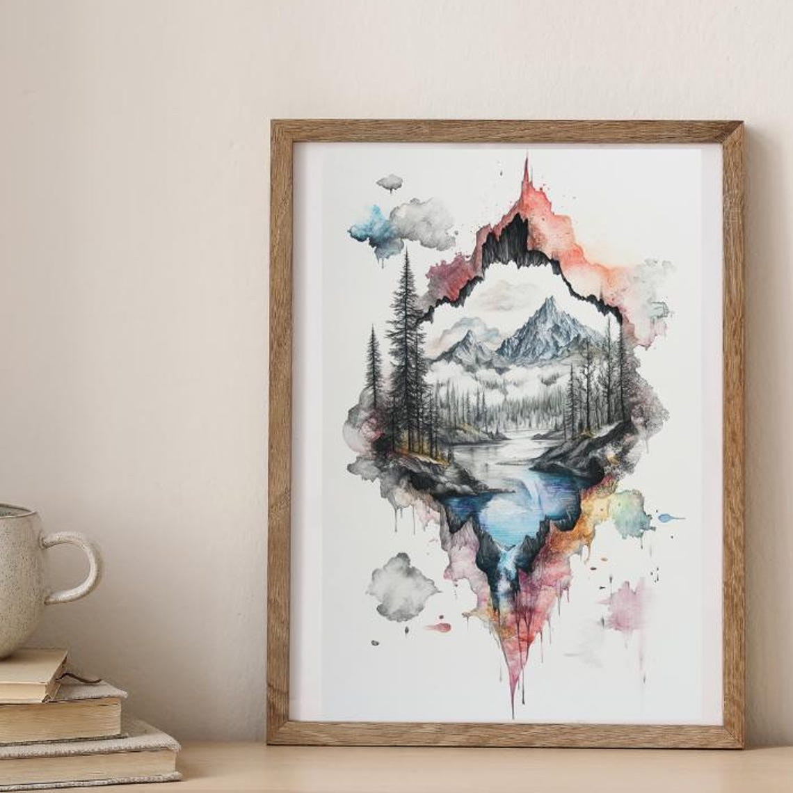 Surreal Mountain Landscape Print Torn Paper Watercolor Ink Art Mystical Nature Wall Decor