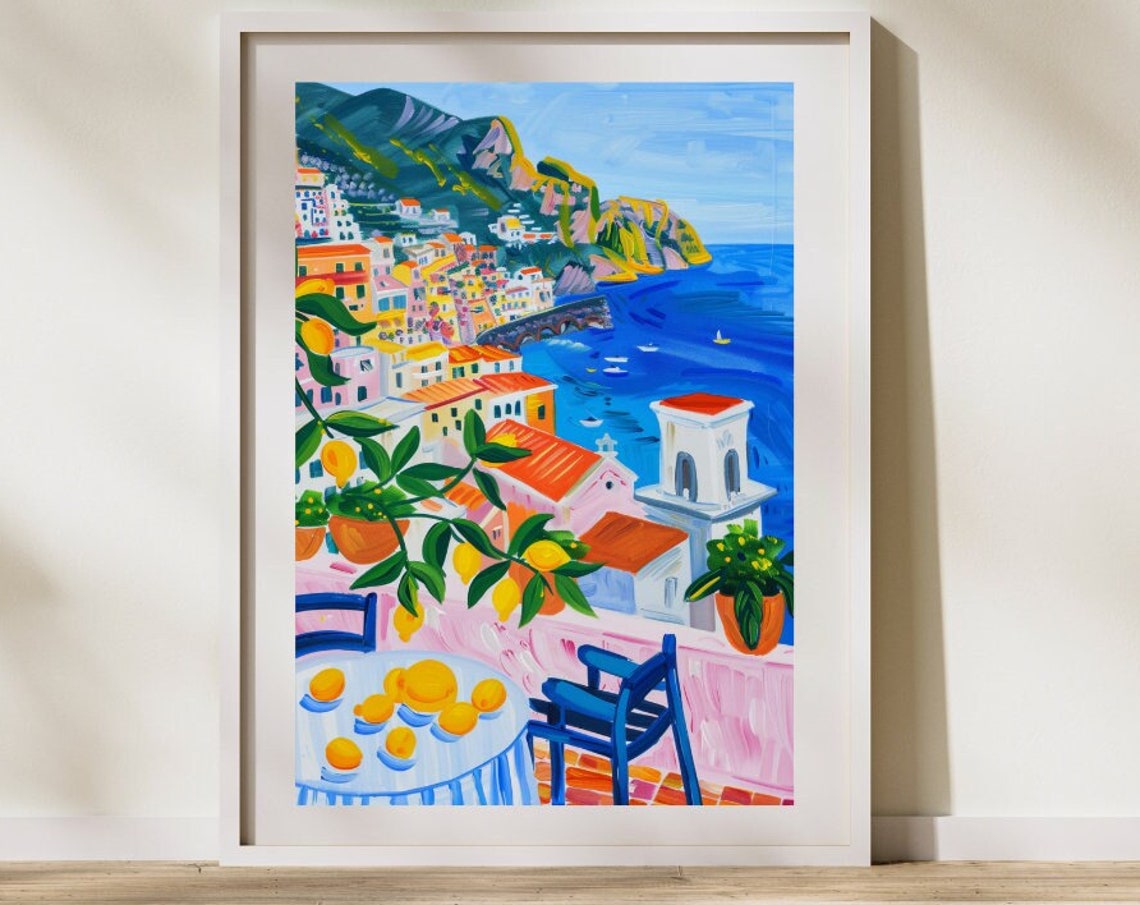 Positano Italy Coastal Painting Lemons Terrace Amalfi Style Poster