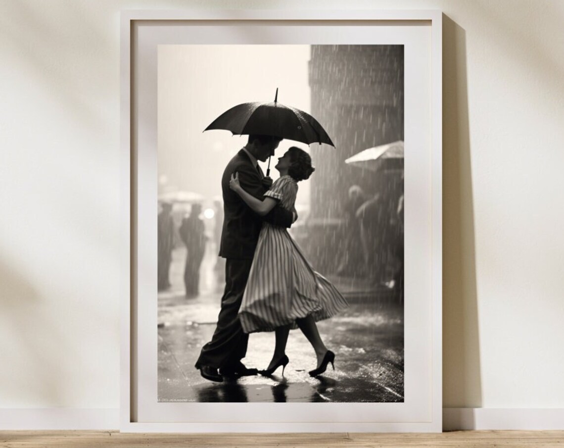 Old Hollywood Couple Dancing In The Rain Vintage Romance Poster
