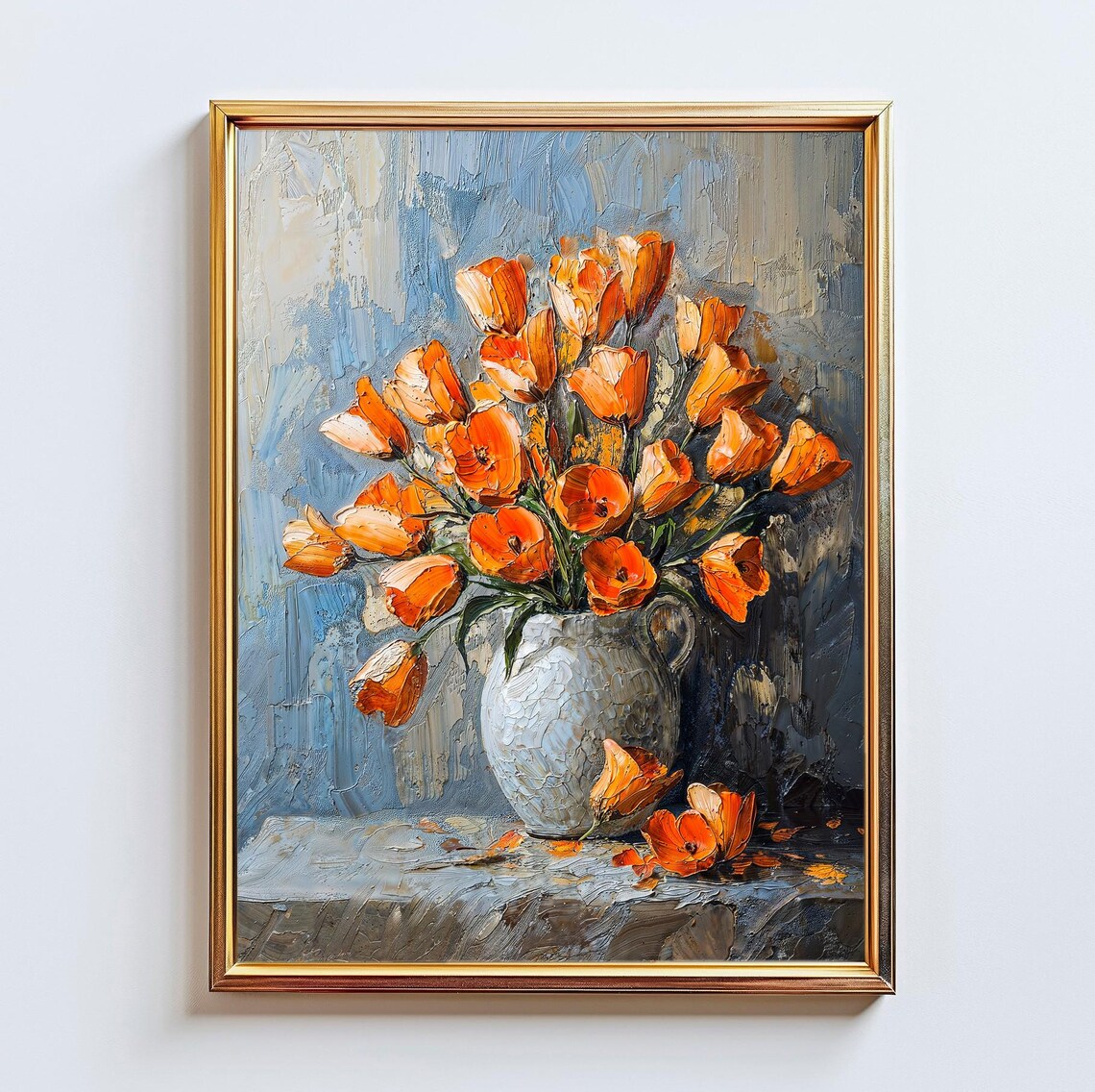 Orange Poppy Bouquet Impasto Oil Painting Blue Background Floral Poster