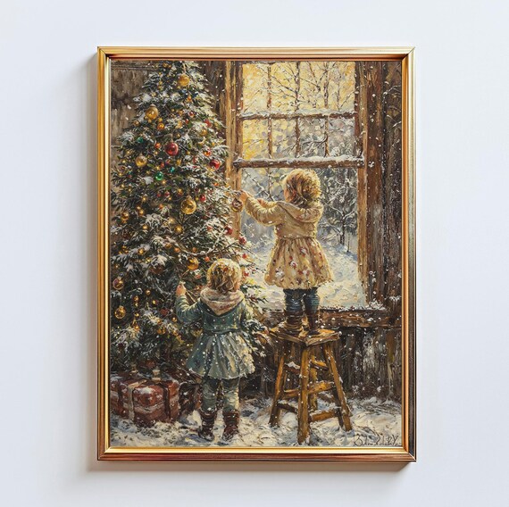 Kids Decorating Christmas Tree Cozy Winter Window Holiday Poster