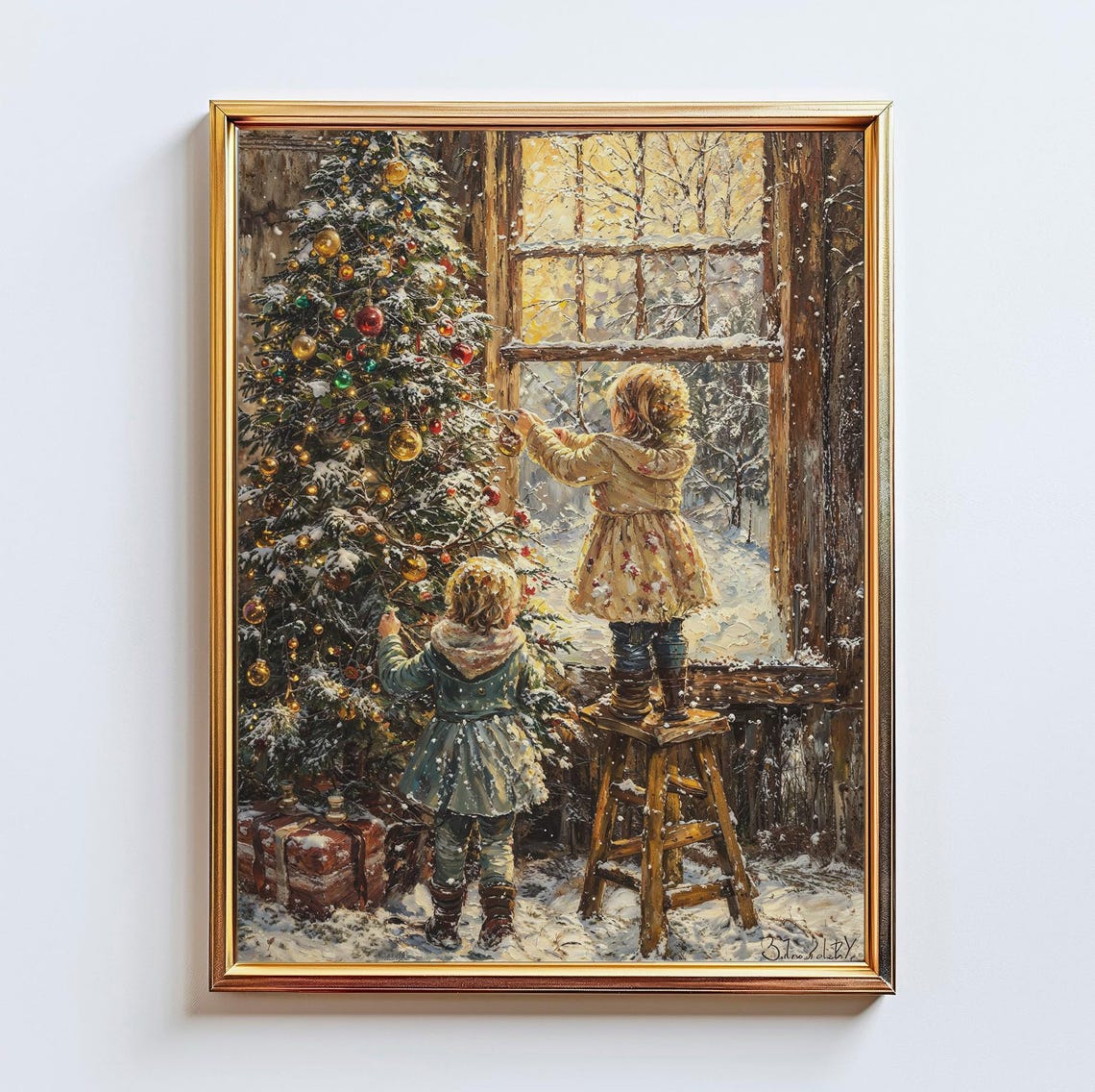 Kids Decorating Christmas Tree Cozy Winter Window Holiday Poster
