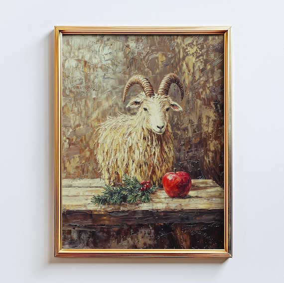 Shaggy White Goat Apple Winter Rustic Farm Impasto Art Poster