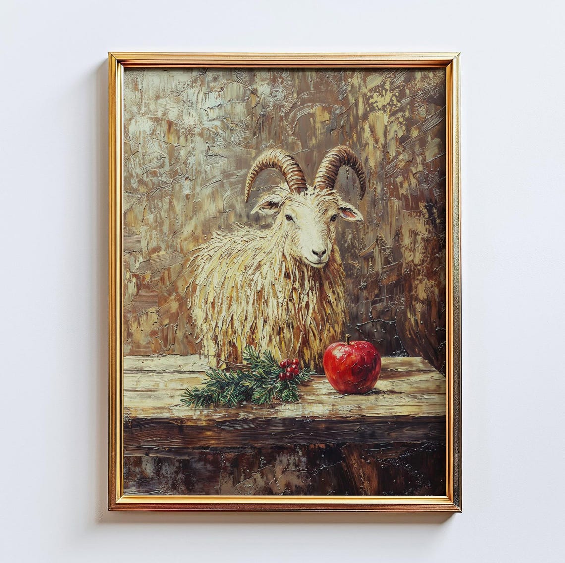 Shaggy White Goat Apple Winter Rustic Farm Impasto Art Poster