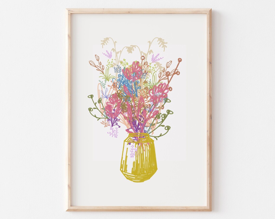 Colorful Wildflower Bouquet Mustard Vase Line Art Gallery Poster - Image 3