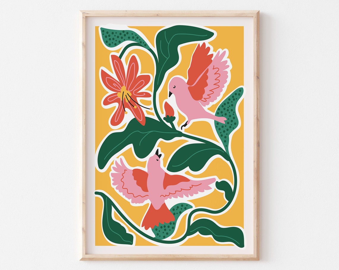 Tropical Pink Birds Red Lily Mustard Yellow Botanical Art Poster