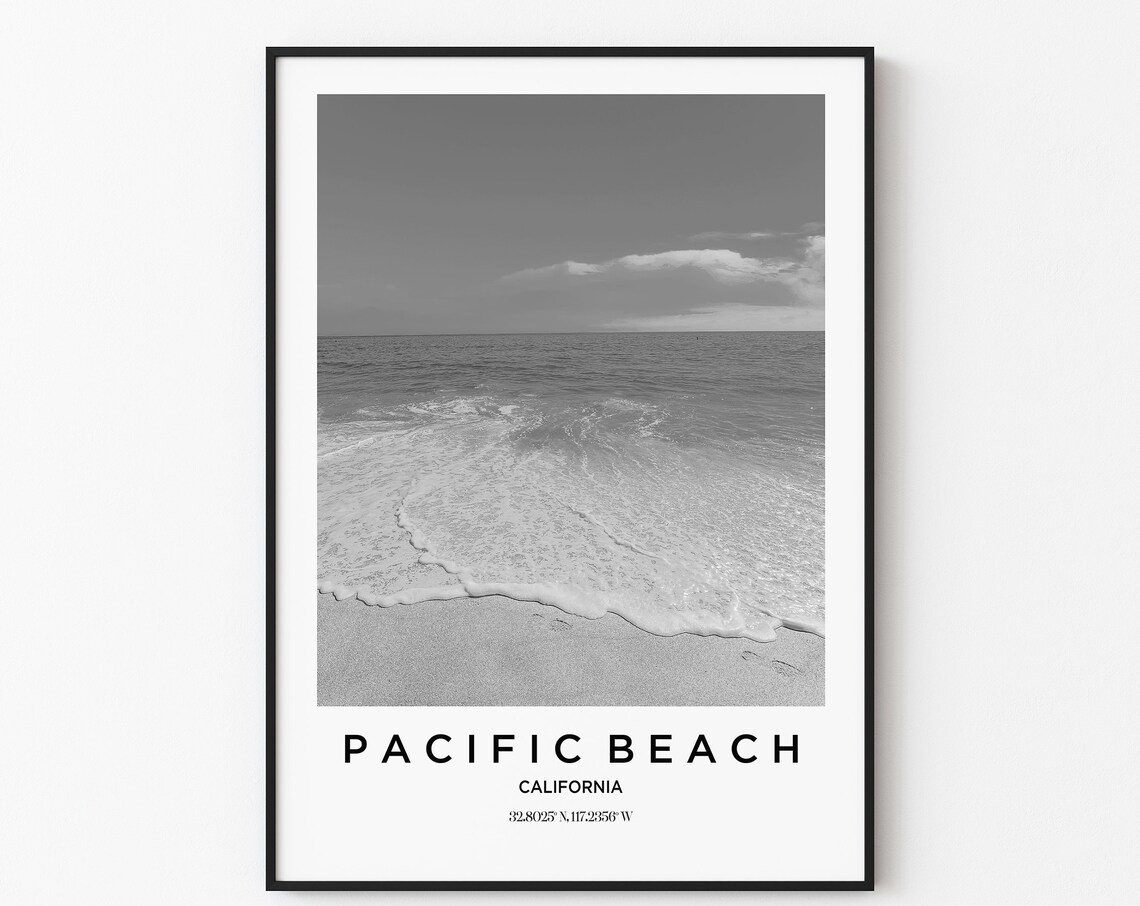 Pacific Beach California Shoreline Waves Black White Photo Poster