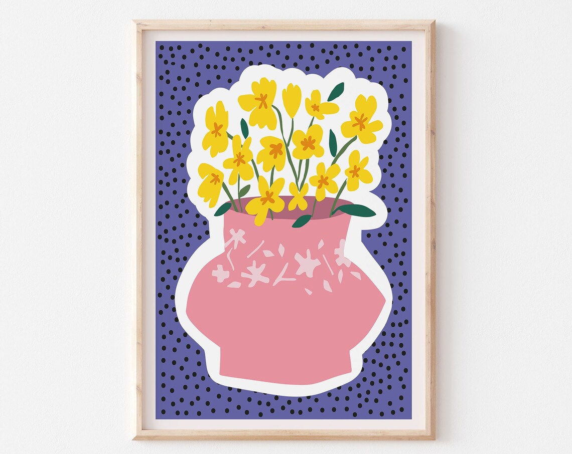 Pop Art Yellow Flowers Pink Vase Purple Polka Dot Art Poster - Image 3
