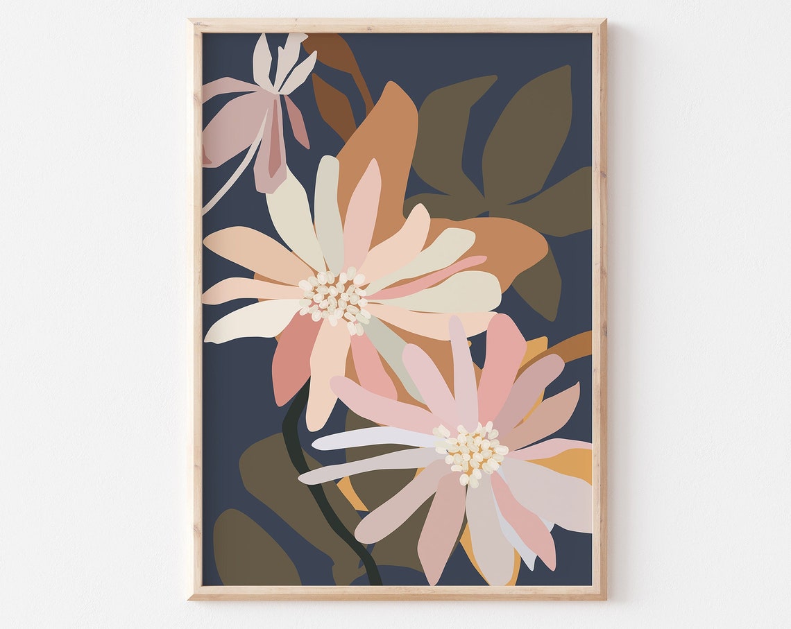 Neutral Boho Floral Artwork in Soft Cream Blush and Navy Poster