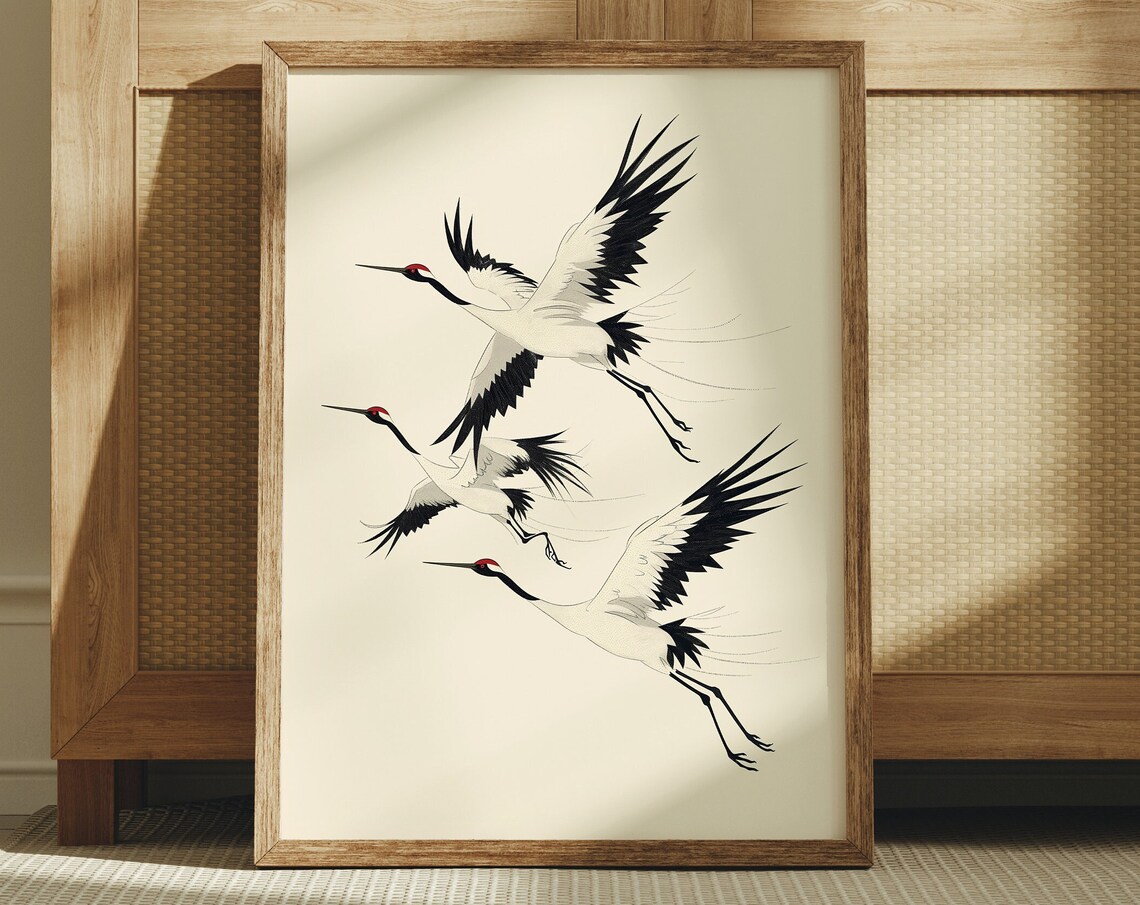 Japanese Red Crowned Cranes In Flight Minimalist Bird Poster