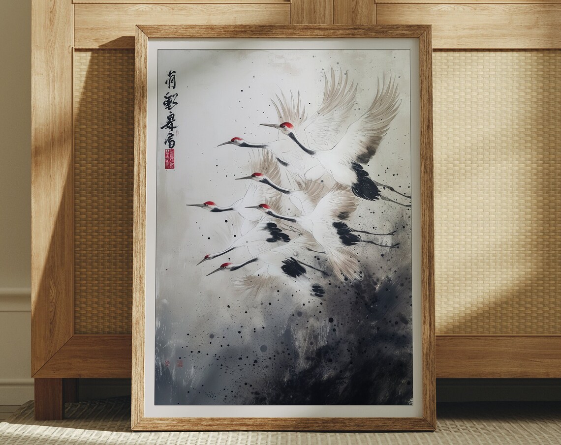 Japanese Cranes in Flight Ink Wash Painting Gallery Art Poster