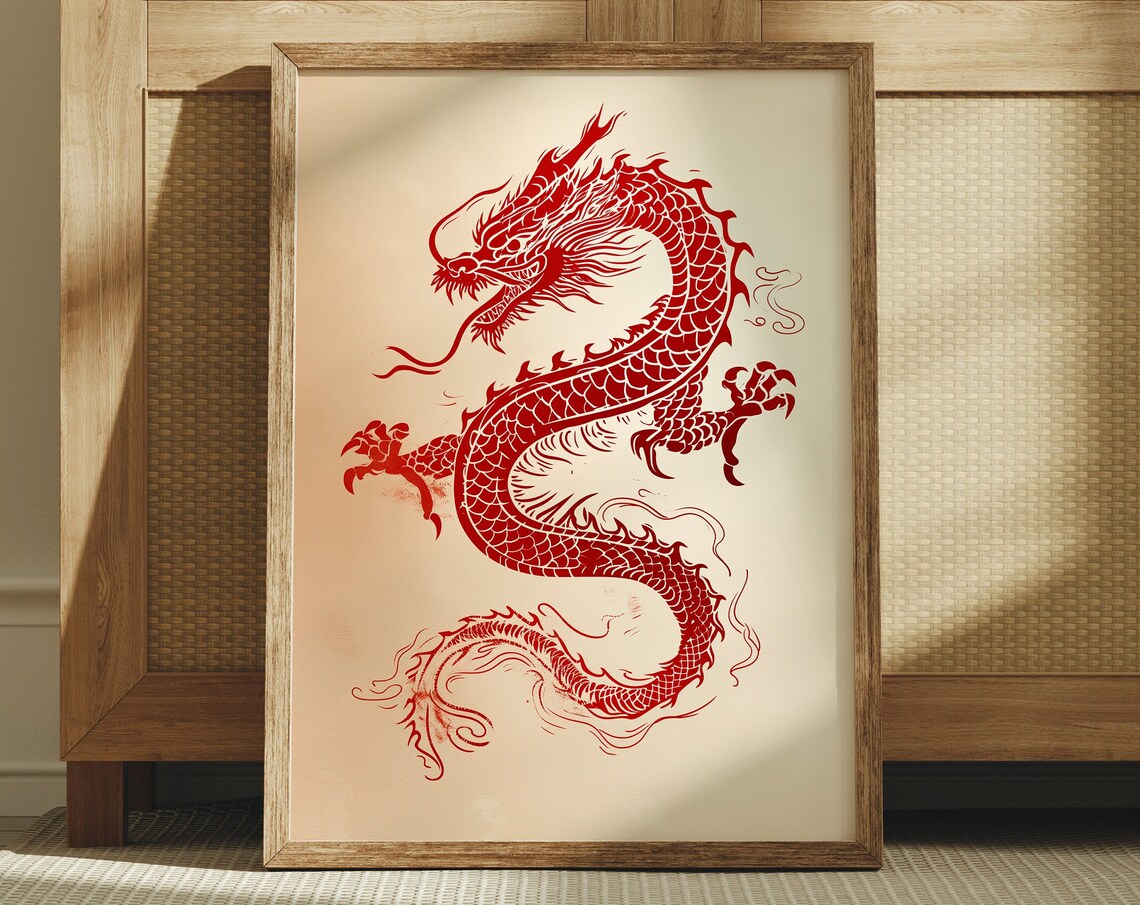 Red Chinese Dragon Line Art Minimalist Asian Style Decor Poster