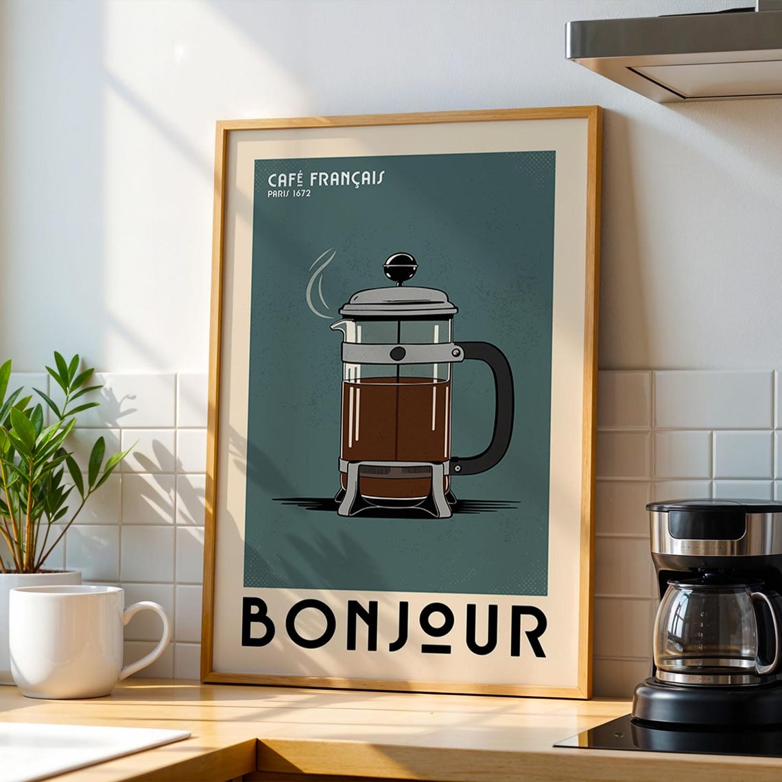 Chic Bonjour French Press Retro Café Kitchen Barista Style Poster