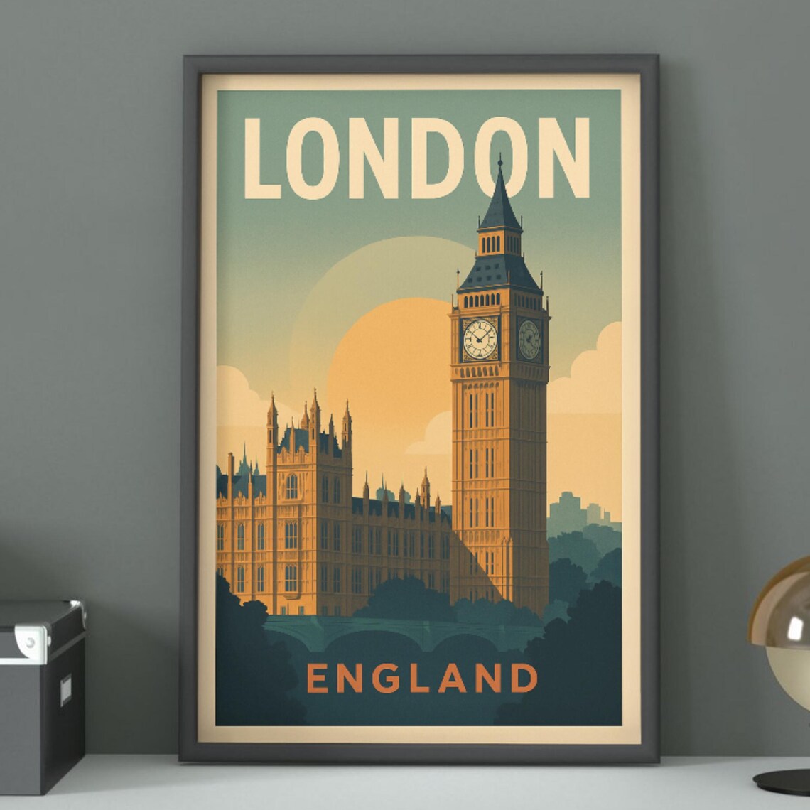 London Big Ben Parliament Sunset Vintage England Retro Travel Poster