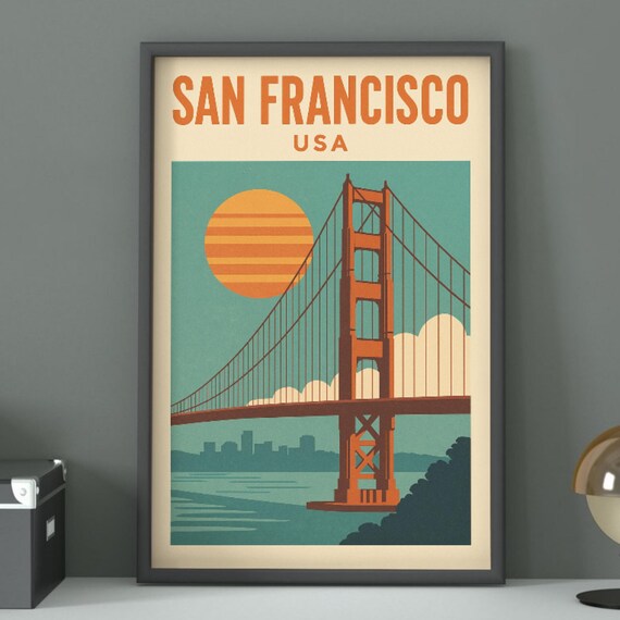 San Francisco Golden Gate Bridge Sunset Vintage USA Travel Poster