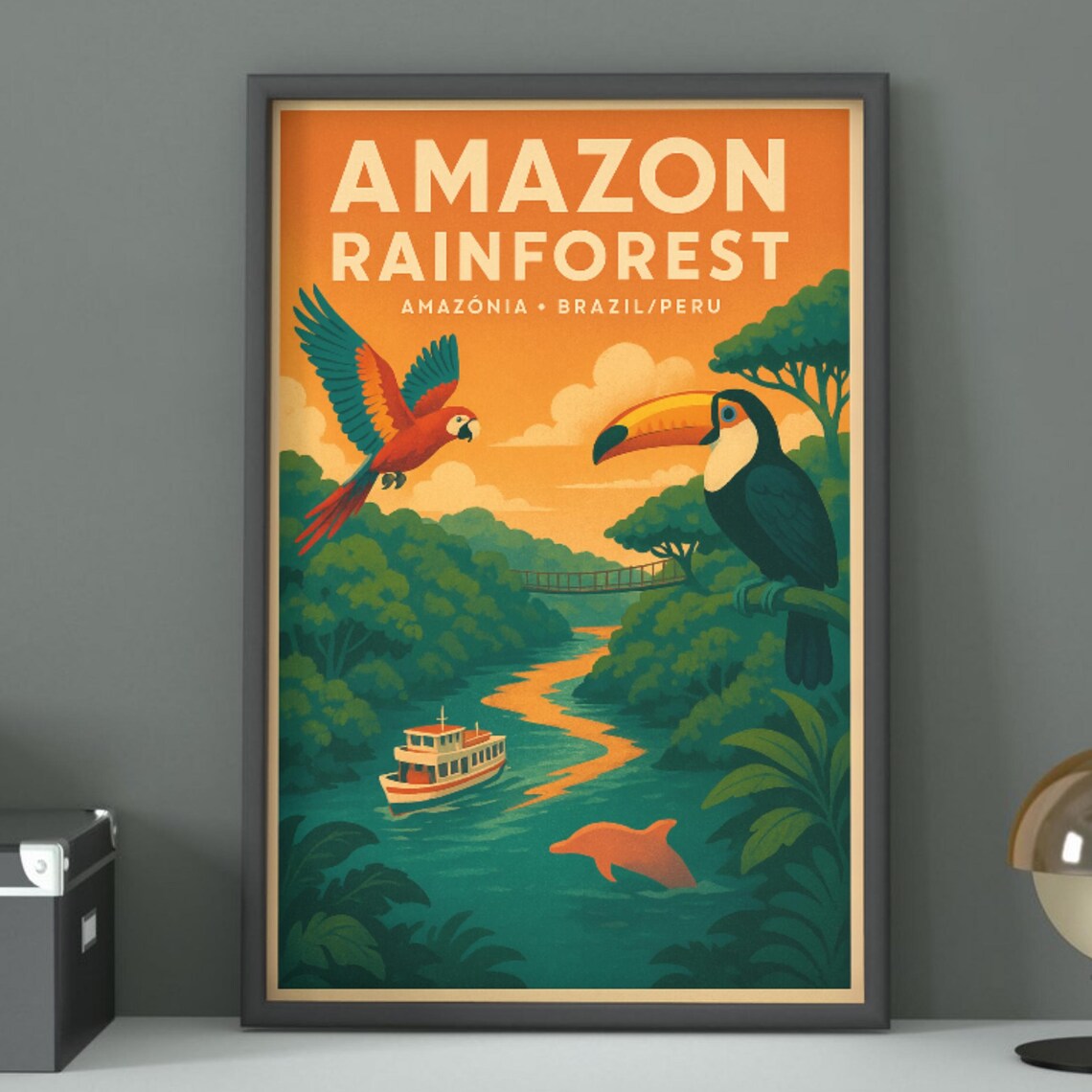 Amazon Rainforest Vintage Travel Poster Toucan Macaw River Brazil Art