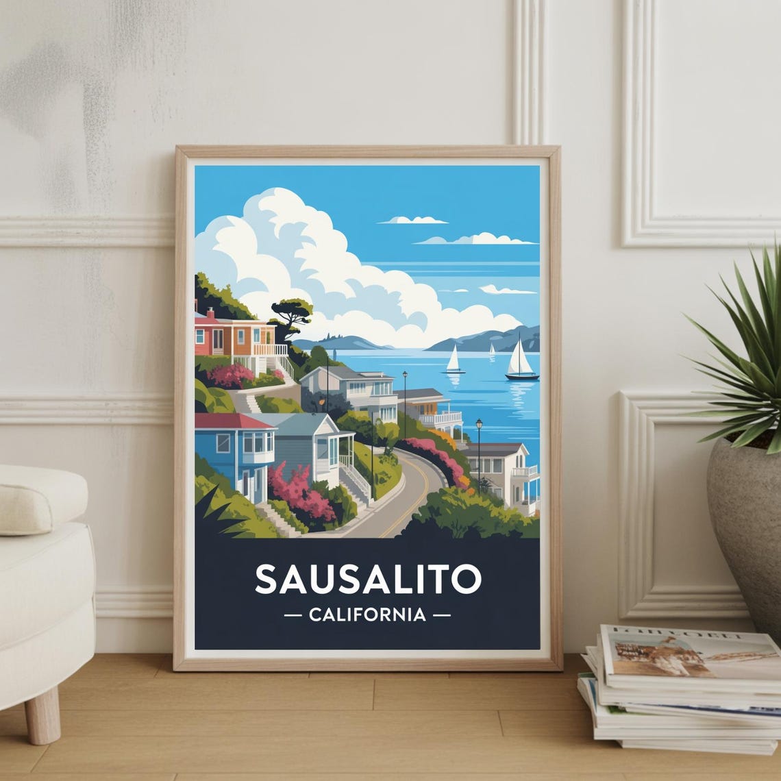 Sausalito California Hillside Bay Sailboats Harbor Travel Poster