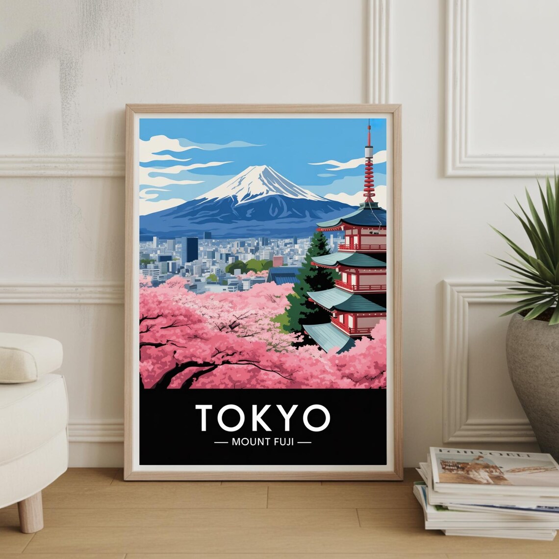 Tokyo Mount Fuji Pagoda Cherry Blossom Japan Vintage Travel Poster