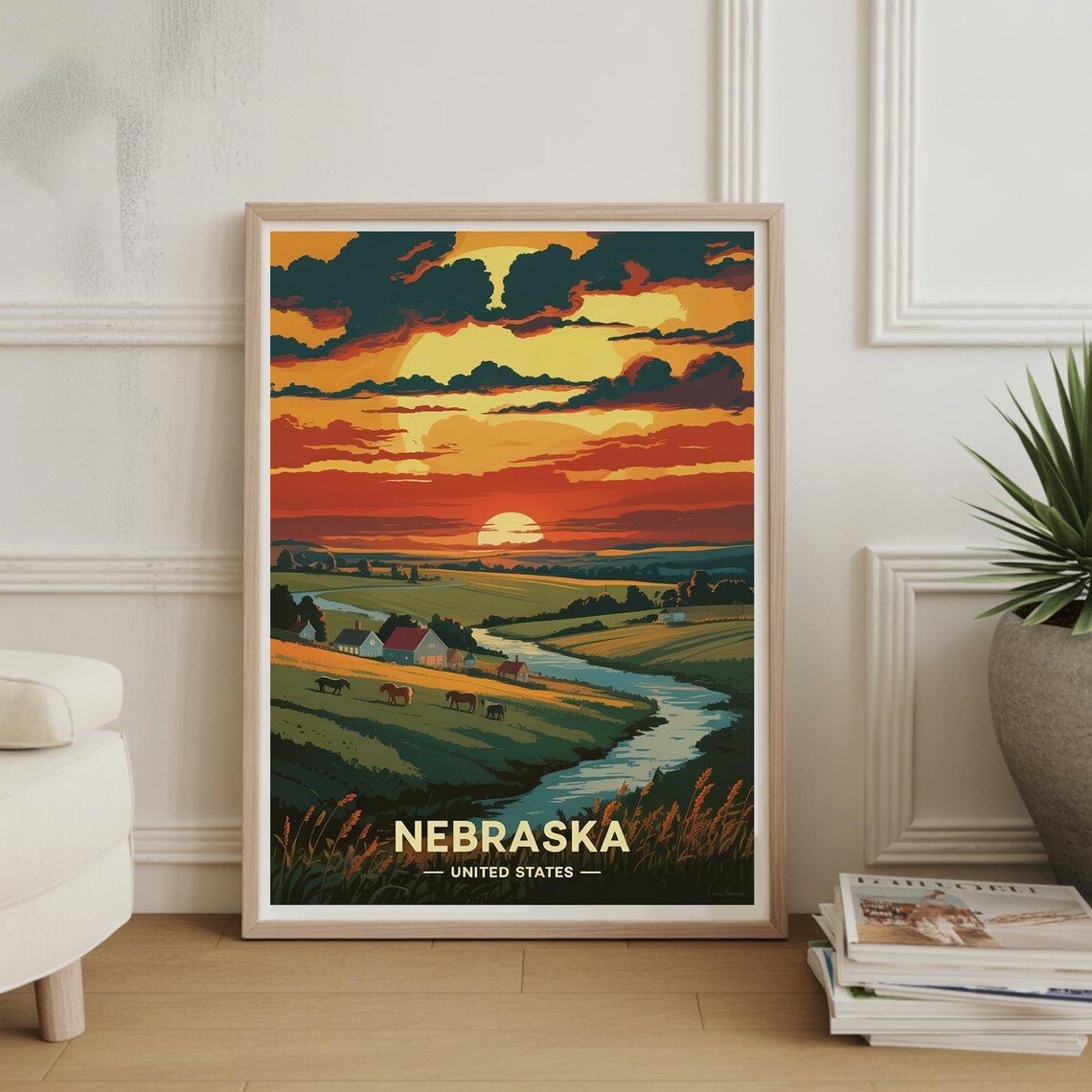 Nebraska United States Farm Valley Sunset With Horses Travel Poster Art