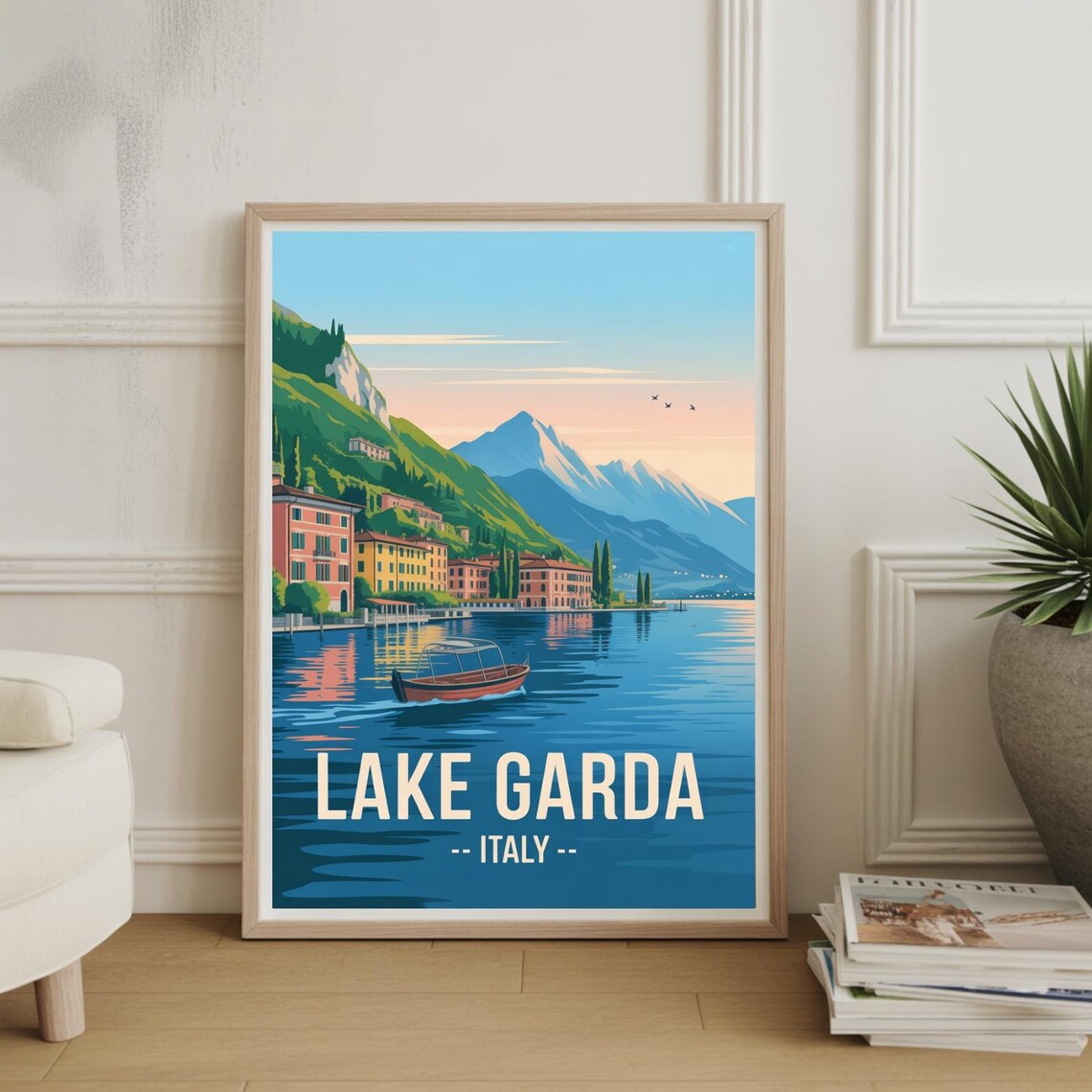 Lake Garda Italy Travel Poster Lakeside Town Boat Mountain Vintage Art