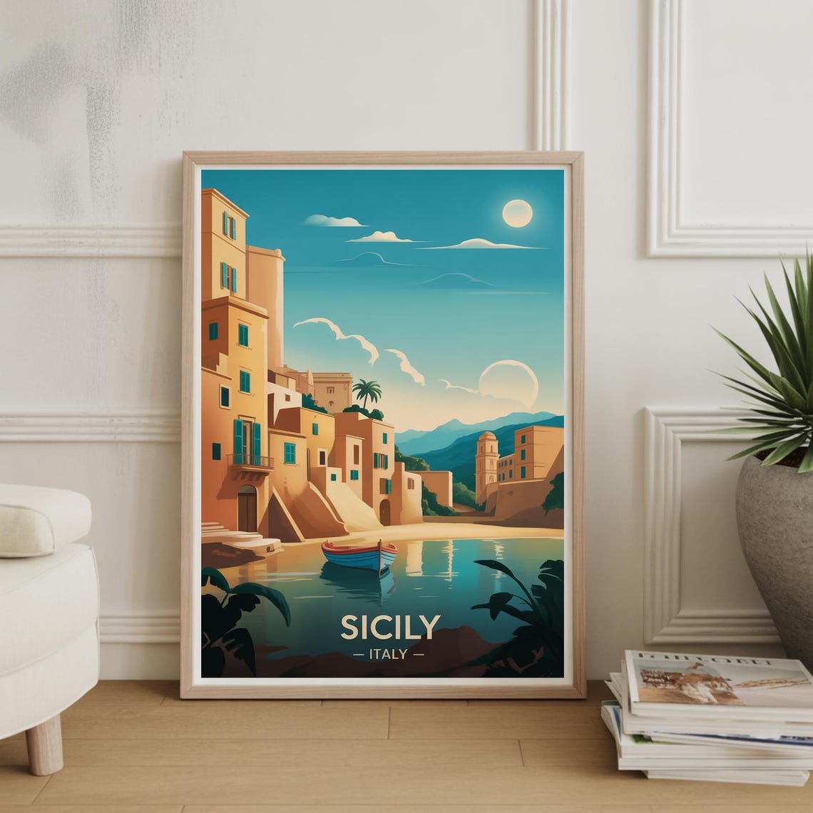 Sicily Italy Coastal Town Harbor Vintage Sunset Travel Poster