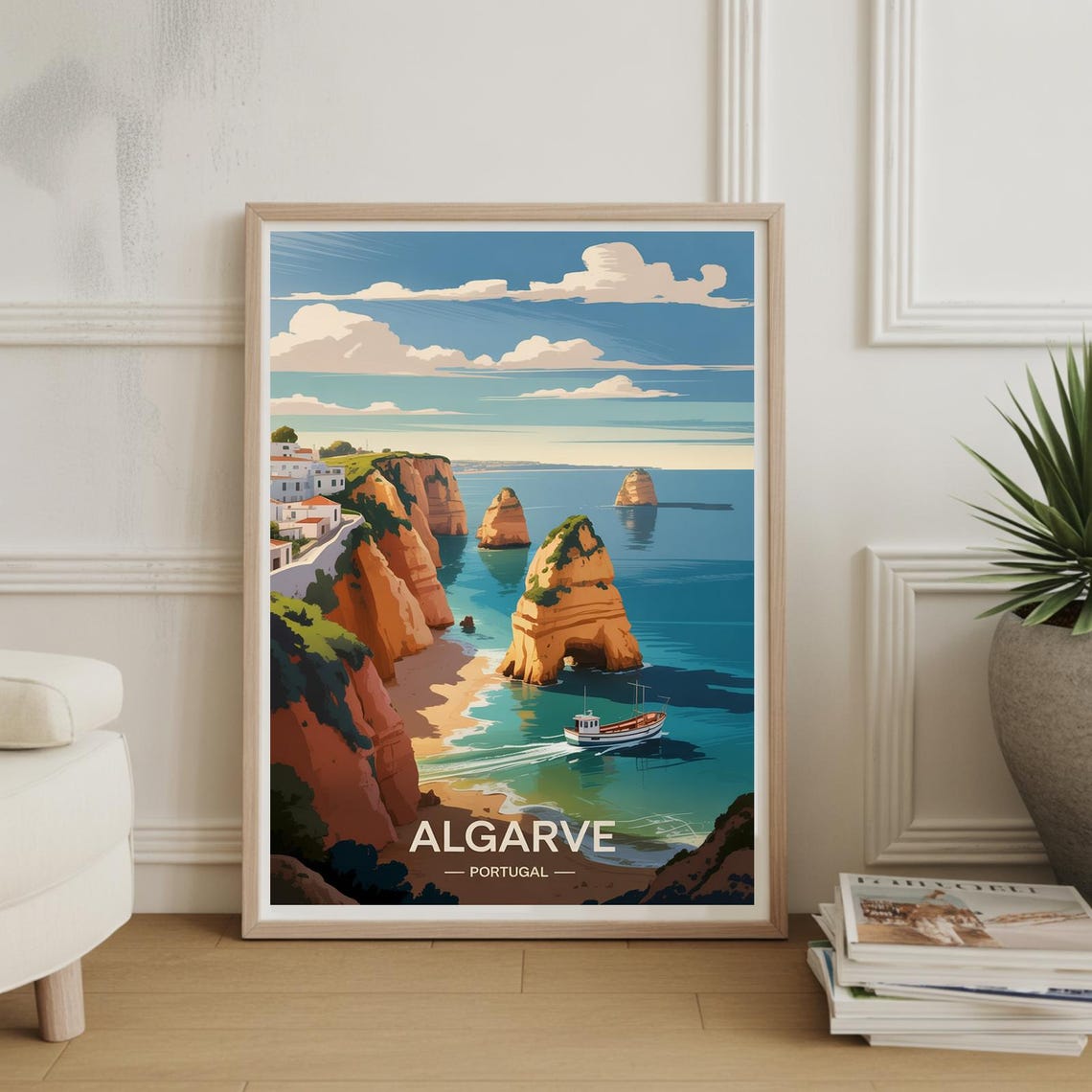 Algarve Portugal Golden Cliffs Sea Stacks Boat Travel Poster