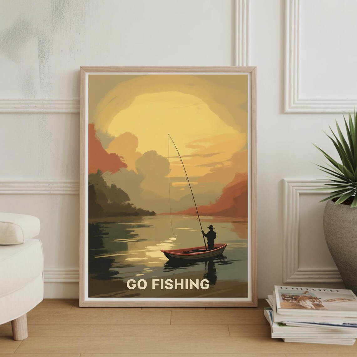 Go Fishing Sunset Silhouette Fisherman in Boat Lake Travel Poster