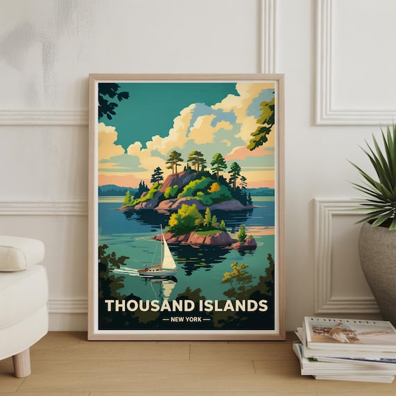 Thousand Islands New York Sailboat Pine Islets Vintage Travel Poster