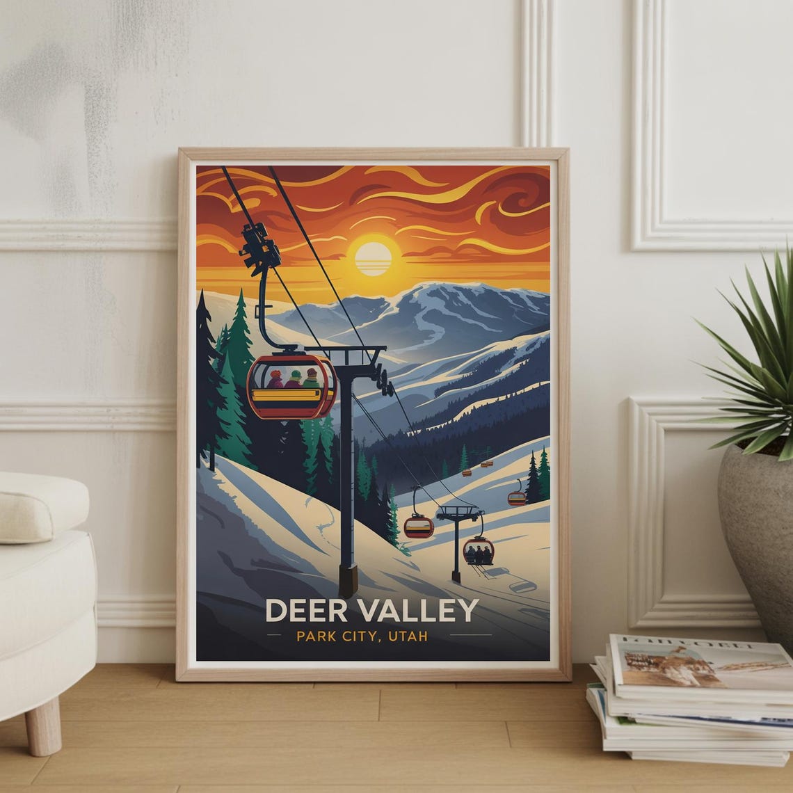 Deer Valley Utah Gondola Sunset Ski Resort Retro Travel Poster