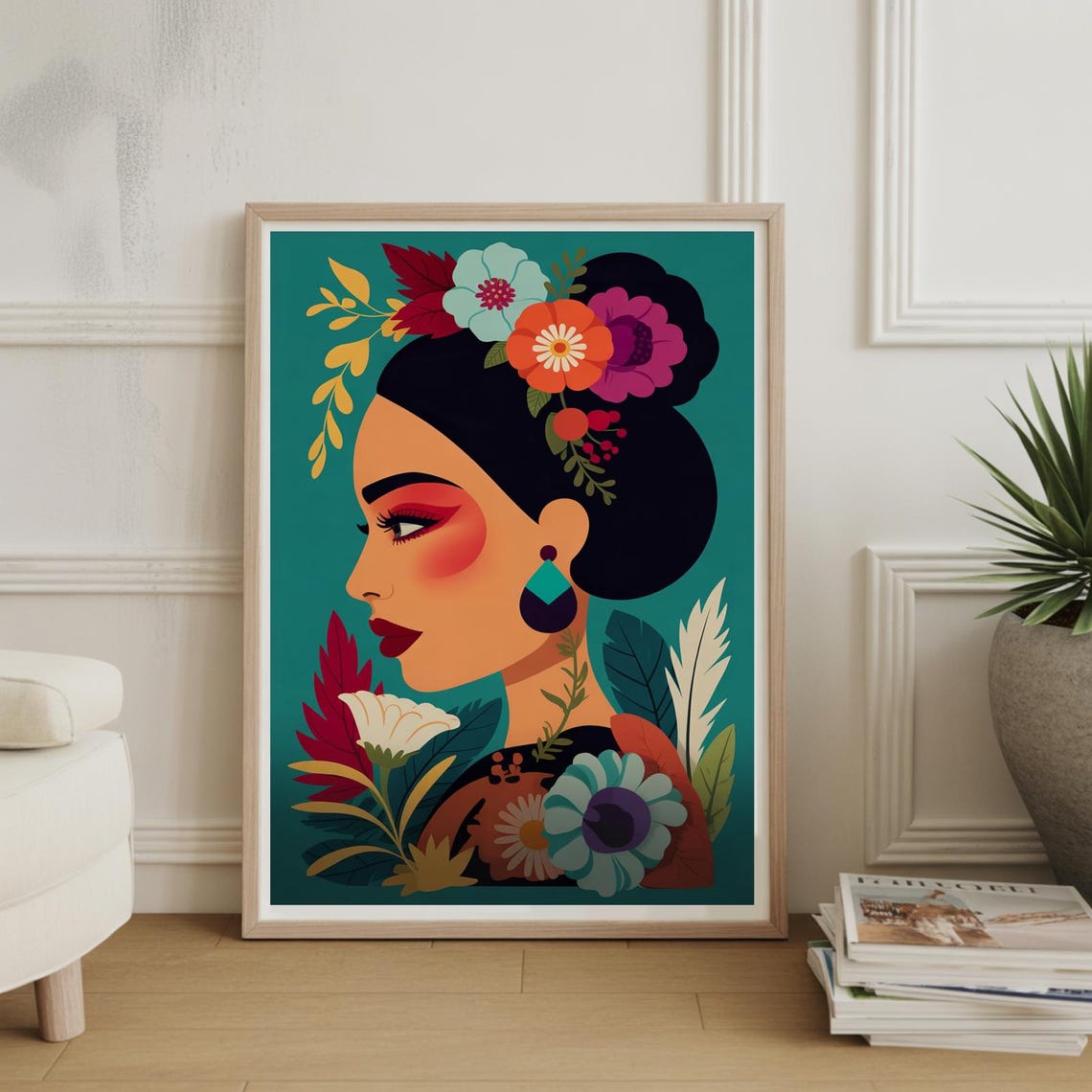 Frida Kahlo Style Floral Portrait Bold Colorful Latin Art Poster