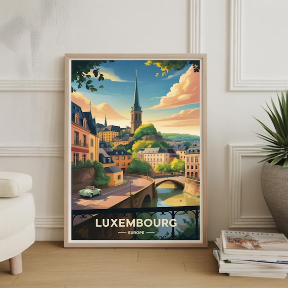Luxembourg Europe Vintage Cityscape Bridge Sunset Travel Art Poster