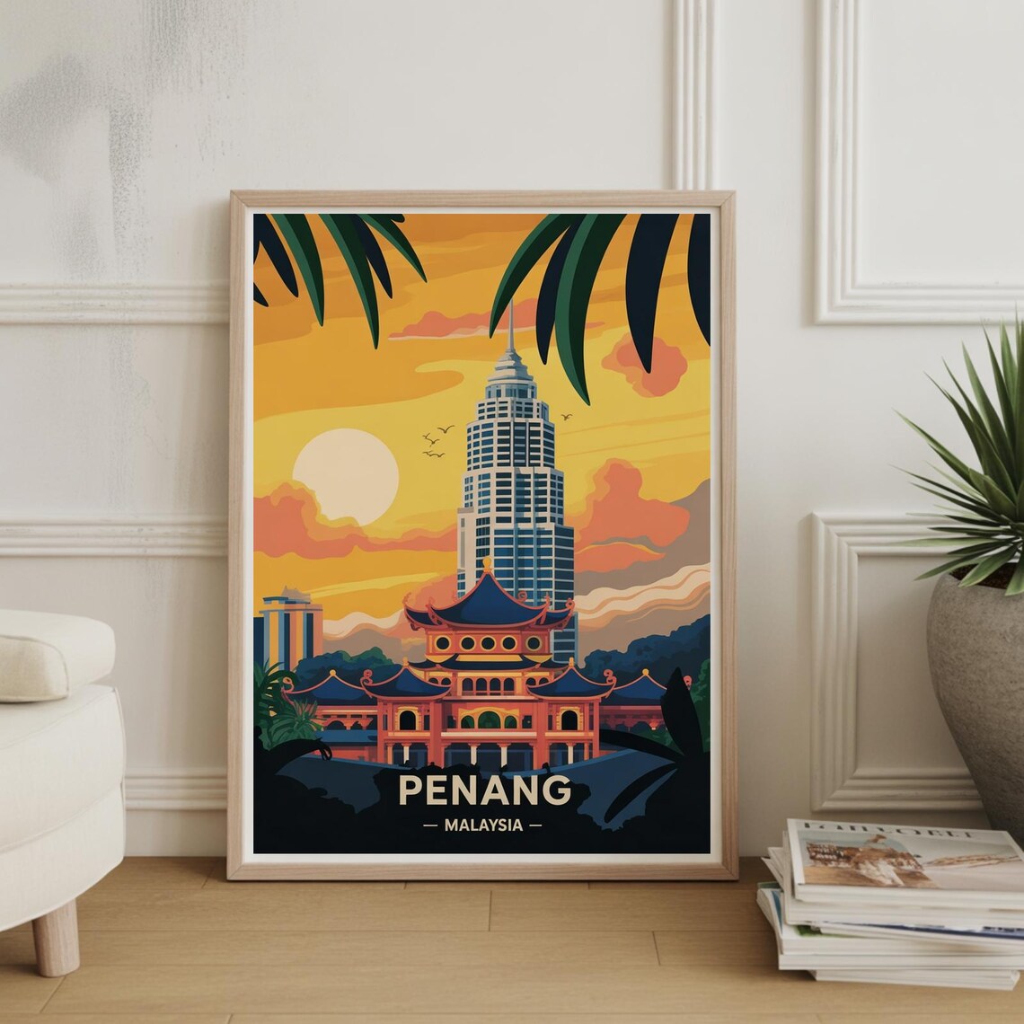 Penang Malaysia Sunset Temple City Skyline Vintage Travel Poster