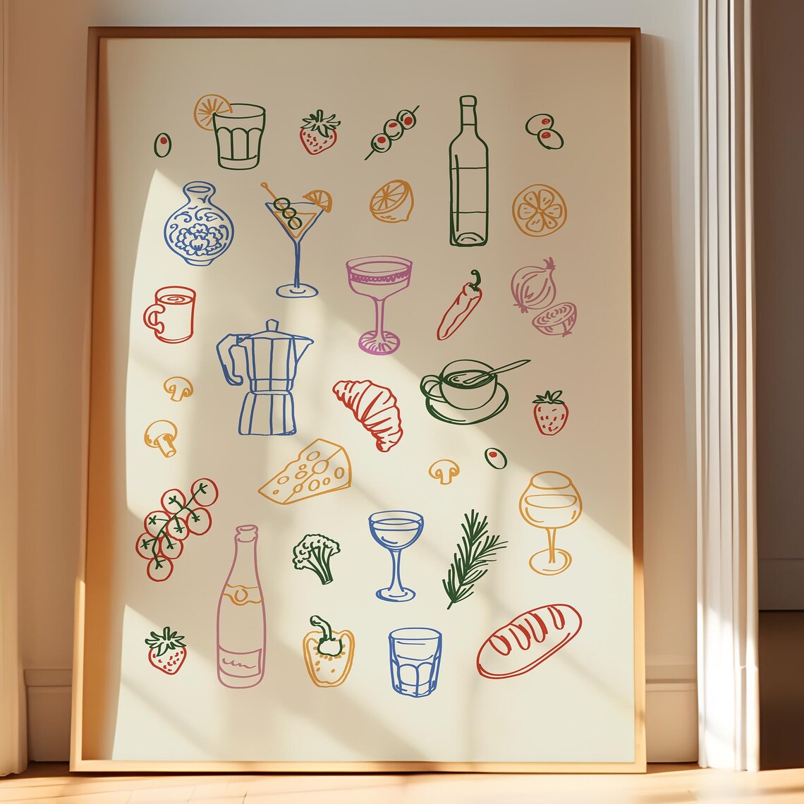 French Bistro Kitchen Icons Cocktails Coffee Hand Drawn Food Poster