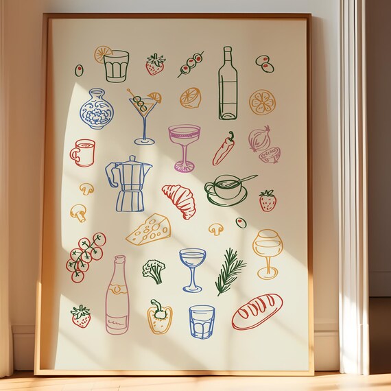 Cocktails And Kitchen Icons Poster Handdrawn Bistro Wall Art Bar Cart Decor Printable Coffee Wine Gallery Print
