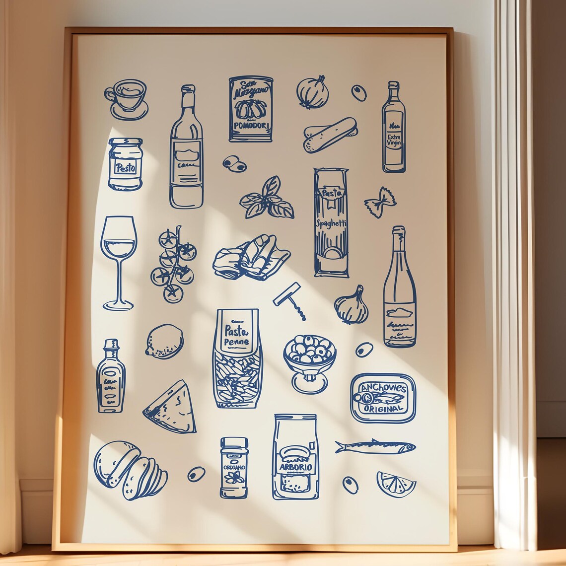 Blue Ink Italian Pantry Ingredients Pasta Wine Sketch Art Print