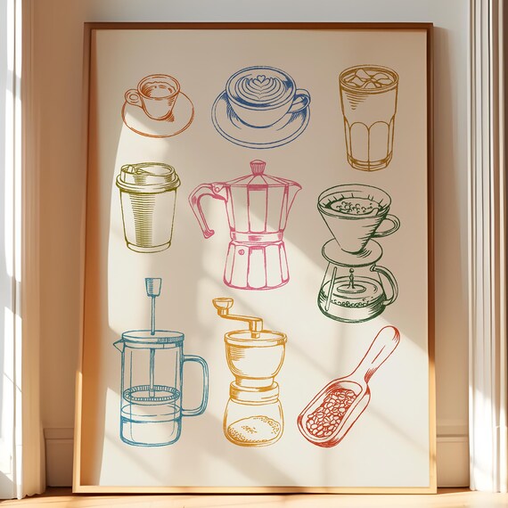 Hand Drawn Coffee Tools Moka Pot Espresso Colorful Kitchen Art Print