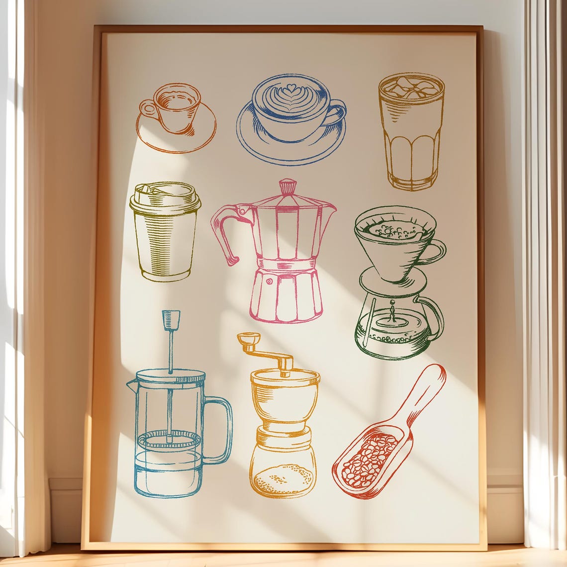 Hand Drawn Coffee Tools Moka Pot Espresso Colorful Kitchen Art Print